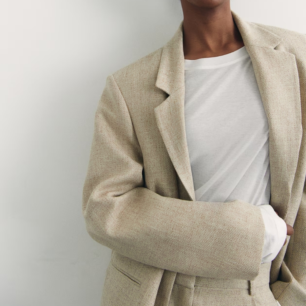 H&M Blazer Size S Loose Fit Beige 2 Buttons Collar Textured Long Classic Busines